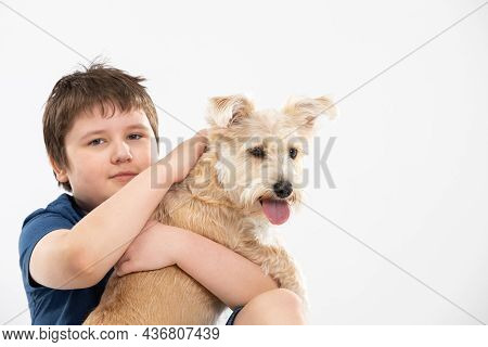 Young Boy Holds His Dog In His Arms And Strokes It. Subject Isolated From The Background.