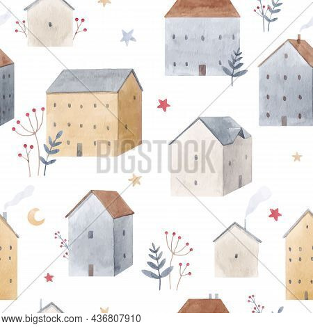 Beautiful Winter Vector Seamless Pattern With Hand Drawn Watercolor Cute Houses. Stock Illustration.