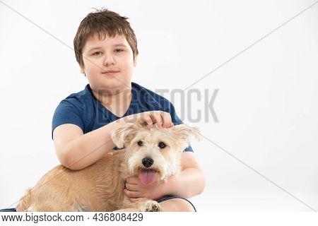 Young Boy Holds His Dog In His Arms And Strokes It. Subject Isolated From The Background.