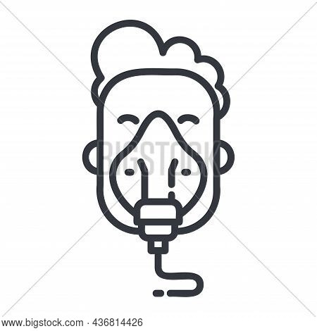 Black Linear Medical Icon Of A Man In Respiratory Face Mask. Outline Symbol Of Flu Treatment.