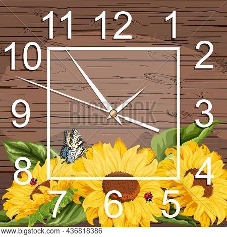 Watch Dial With Floral Decoration.illustration With A Clock And Sunflowers On A Wooden Background.