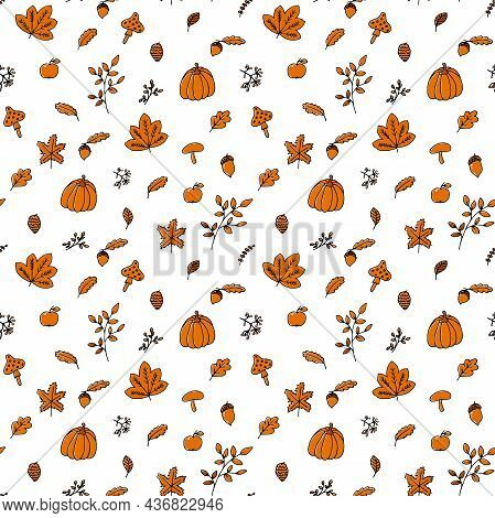 Autumn Pattern In Orange And Brown Tones With Various Fall Items. Can Be Used For Backgrounds, Wallp