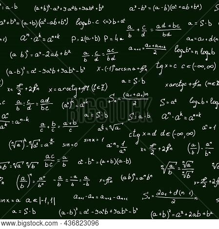 Pattern Of Handwritten Mathematical Formulas. Green Background Like A Blackboard. Can Be Used For Ba