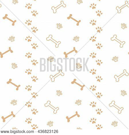 Pattern With Bone Silhouettes And Paw Prints In Doodle Style And One Line With Colored Beige Spots. 