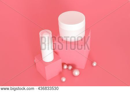 White Unbranded Cosmetic Cream Jars Group Standing On Pink Podiums With Silber Balls. Skin Care Prod