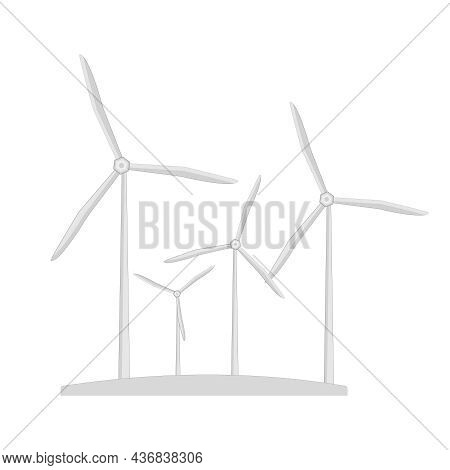 Wind Turbines Isolated On White Background. Windmill Group For Electric Power Production. Wind Power