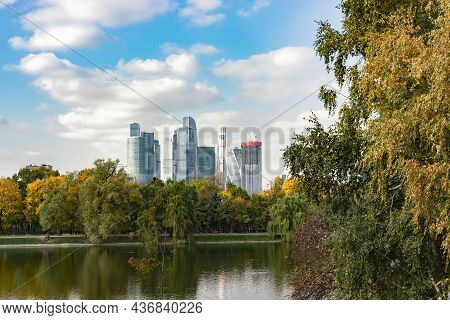 Moscow, View Of Moscow City From Novodevichy Ponds Park. High Quality Photo