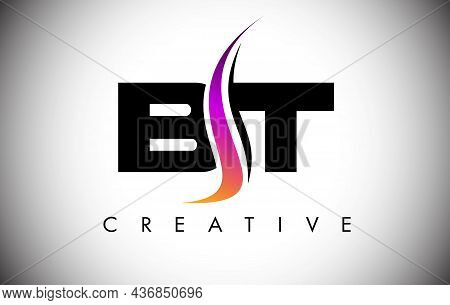 Bt Letter Logo Design With Curved Creative Swoosh In Purple Color