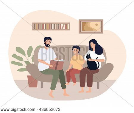 Happy Family Time. Mother And Father Spend Evening With Their Son. Parents And Kid Spent Leisure Tim