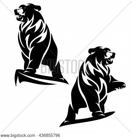 Majestic Bear Standing On Cliff Top With One Paw Up In The Air - Black And White Vector Outline Of W
