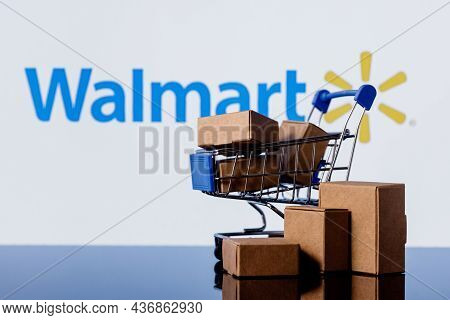 Kazan, Russia - Oct 20, 2021: Walmart Is An American Multinational Retail Corporation. Shopping Cart