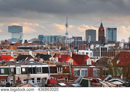 Amsterdam; Netherlands view of the modern cityscape from De Pijp at dusk.