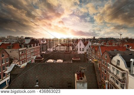 Amsterdam; Netherlands view of the cityscape from De Pijp at dusk.