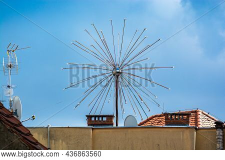 Jawor, Poland - August 08, 2021. Lightning Dissipaters Or Electronic Fireworks On The Roof