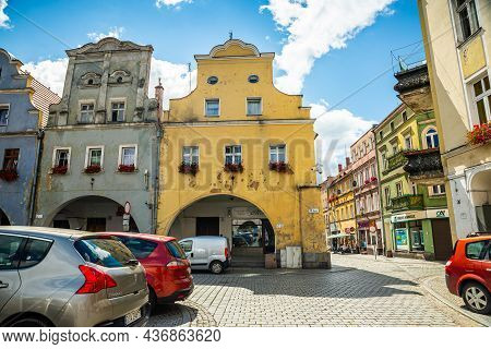 Jawor, Poland - August 08, 2021. Architecture Of Colored Buildings In Main Square