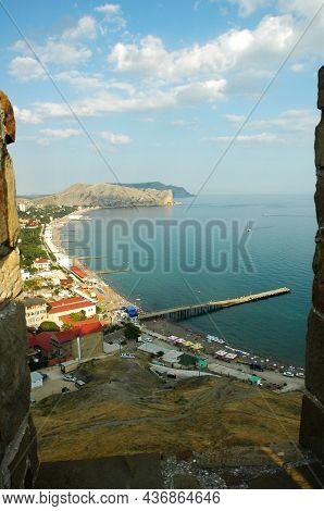 Sudak, Crimea. Genoese Fortress. View Of The City Beaches Of Sudak. Aerial View. View From The Genoe