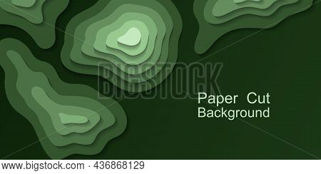 Paper Cut Topography Background. Green Area Relief Map With Hills And Mountain, Or Islands In Ocean.