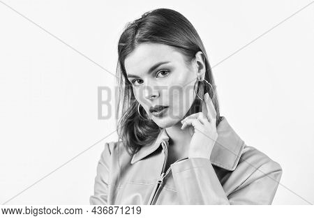 Casual Fashion Style. Woman With Trendy Makeup. Skin Tone. Charming Appearance. Naturalness And Artl