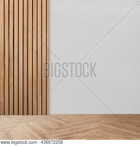 Empty minimal room interior design with fishbone flooring