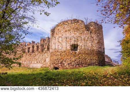 Tower And Wall Of An Ancient Castle. Ruins Of The Castle In Mykulyntsi, Ternopil Region, Ukraine