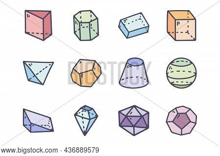 Geometric Solids Color Vector Doodle Simple Icon Set