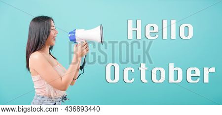 Hello October, Asian Happy Portrait Beautiful Young Woman Standing Smile Her Holding Her Shouting Th