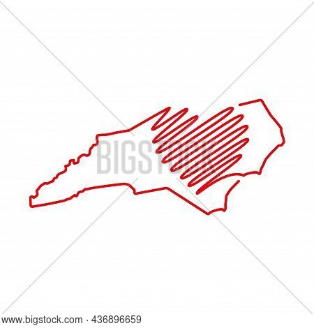 North Carolina Us State Red Outline Map With The Handwritten Heart Shape. Continuous Line Drawing Of