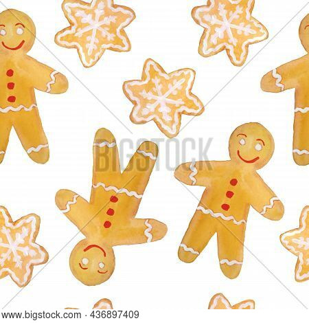 Watercolor Seamless Hand Drawn Pattern With Christmas Cookies New Year Food Gingerbread Man Wreath B
