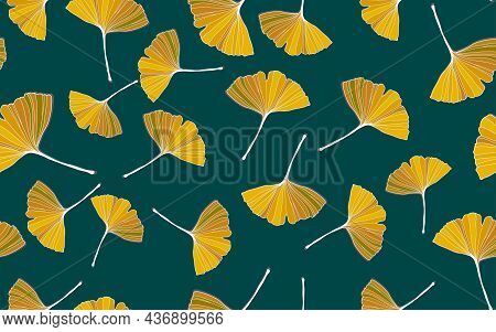 Vector Banner Of Ginkgo Biloba Leaf. Ink Line Art Design. Ginkgo Biloba Leaves. Seamless Pattern.