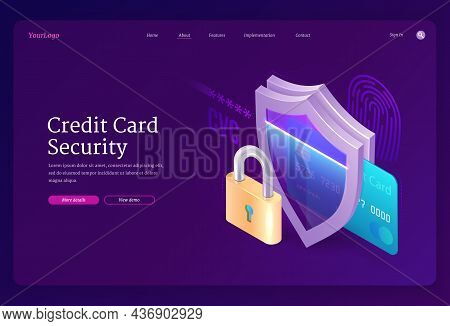 Credit Card Security Website. Safety Electronic Finance Concept. Vector Landing Page Of Protection O