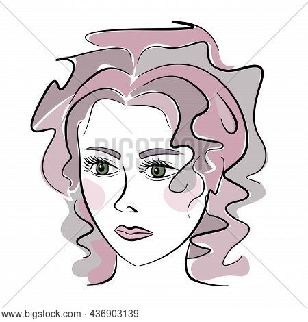 Beautiful Multicolor Colorful Womans Face With Open Eyes And Curly Hair. Line Art Fashion Illustrati