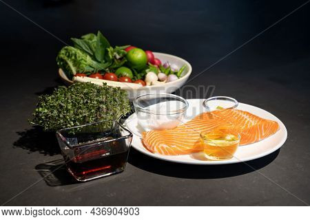 Ingredients Of Spicy Raw Salmon Are Prepared On Granite Top Table Such As Lemonglass Tomato Lemon Ga