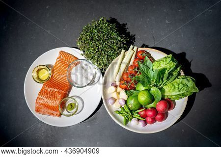 Topview Of Spicy Raw Salmon Ingredients Are Prepared On Granite Top Table Such As Lemonglass Tomato 
