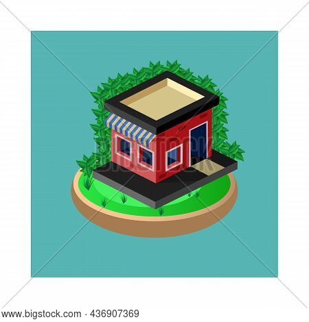 Graphic Decorative House, Summer Vacation. Landscape In A Minimalist Style Against The Background Of