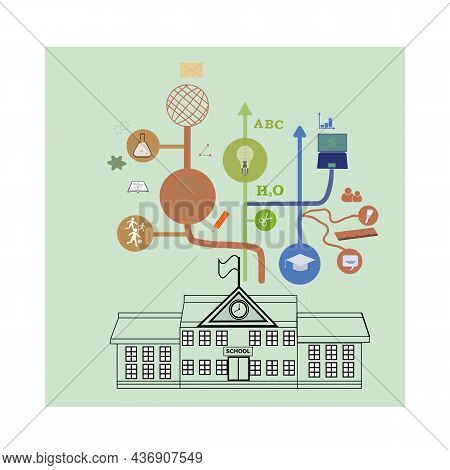 Open Books And Icons Of Science. The Concept Of Modern Education, File Is Saved In Ai10 Eps Version.