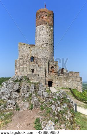 Checiny, Kielce, Poland - May 3, 2017: 13th Century Checiny Castle, Ruins Of Medieval Stronghold. It