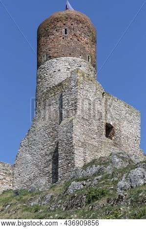 Checiny, Kielce, Poland - May 3, 2017: 13th Century Checiny Castle, Ruins Of Medieval Stronghold. It