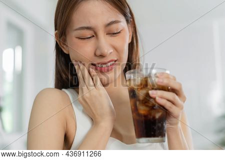 Health Asian Young Woman Touching Cheek, Expression, Suffering From Toothache, Decay Or Sensitivity 