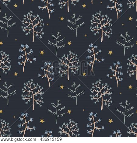 Beautiful Vector Winter Seamless Pattern With Hand Drawn Watercolor Cute Trees. Stock Illustration.