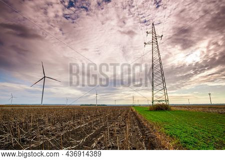 Wind Turbines In Serbia, Europe. Landscape Image Of Wind Turbine Park In Windy Lowlands.