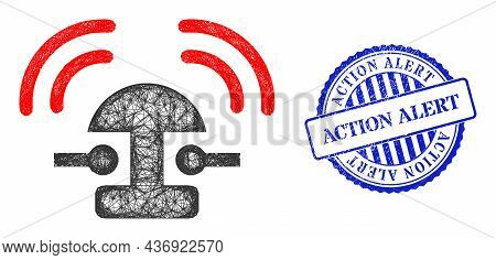 Vector Net Mesh Bell Ring Wireframe, And Action Alert Blue Rosette Scratched Stamp Seal. Crossed Car