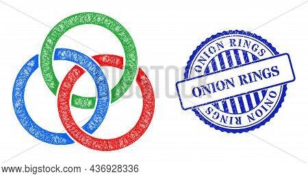 Vector Net Mesh Circle Links Knot Frame, And Onion Rings Blue Rosette Grunge Seal Imitation. Crossed