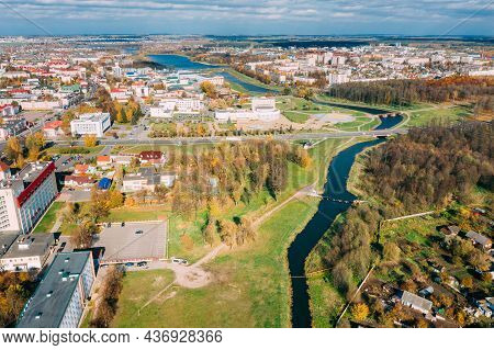 Lida, Belarus. Aerial Birds-eye View Of Cityscape Skyline. Lida Residential Area In Sunny Autumn Day