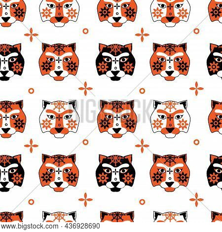 Pattern With Tiger Face, Muzzles Tiger With Brown Stripes, Symbol Of New 2022 Year On Red Background