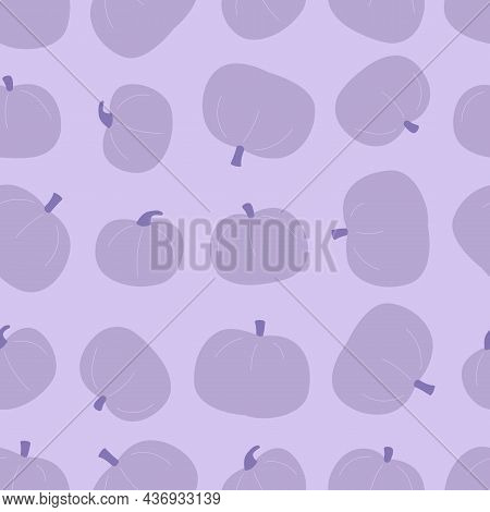 Seamless Pattern With Pumpkins Silhouette. Monochrome Purple Colors. Halloween Vector Illustration.