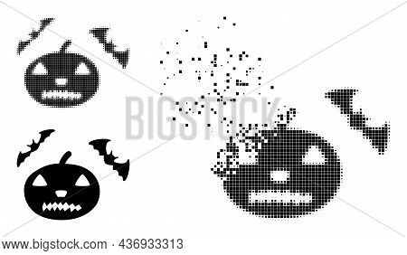 Disappearing Pixelated Halloween Icon With Halftone Version. Vector Wind Effect For Halloween Icon. 