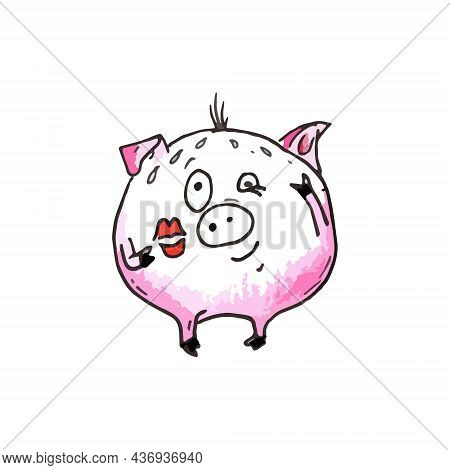 The Drawing Of Piggy And Kiss Is Made On A White Background.