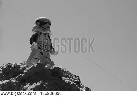 Chernihiv, Ukraine, July 13, 2021. A Plastic Imperial Stormtrooper From Star Wars Against A Clear Sk