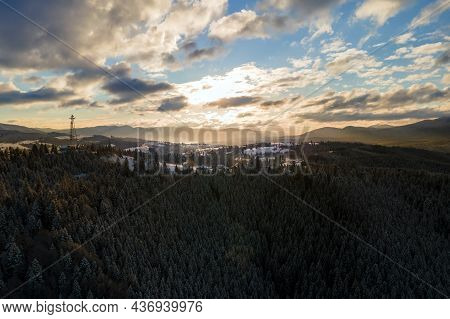 Winter Landscape With Spruse Trees Of Snow Covered Forest In Cold Mountains.