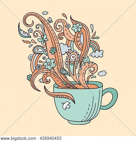 Colorful Line Art Cup Of Tea Or Coffee. Vector Adult Coloring Page A Cup And Ornate Steam In Doodle 